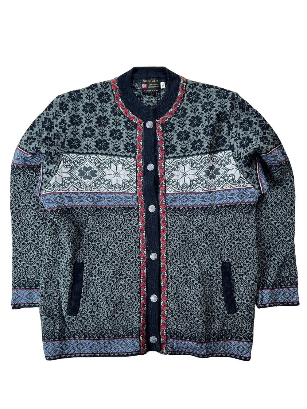NORSKWEAR Cardigan Mens M Green Wool Knit Fair Isle Pockets Heavyweight